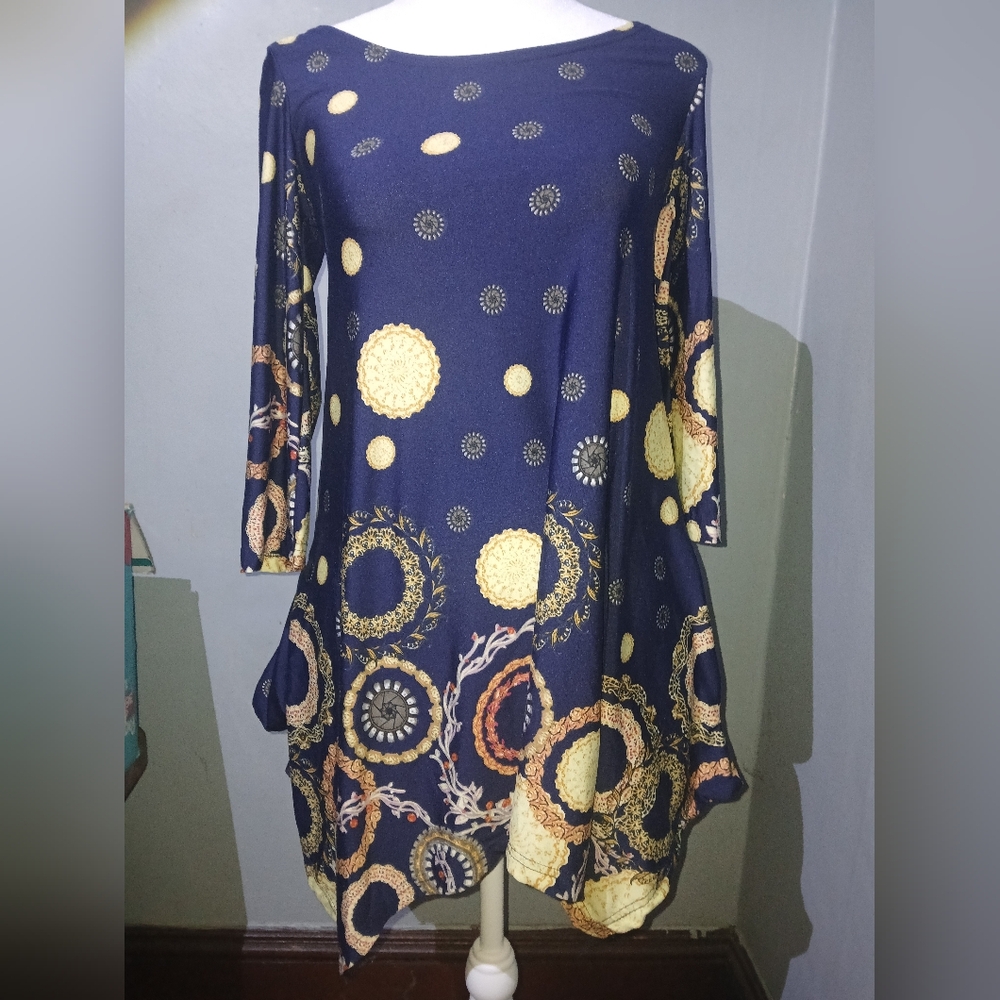 White Mark Navy Tunic | Gold & Cream Circular Print | Size S